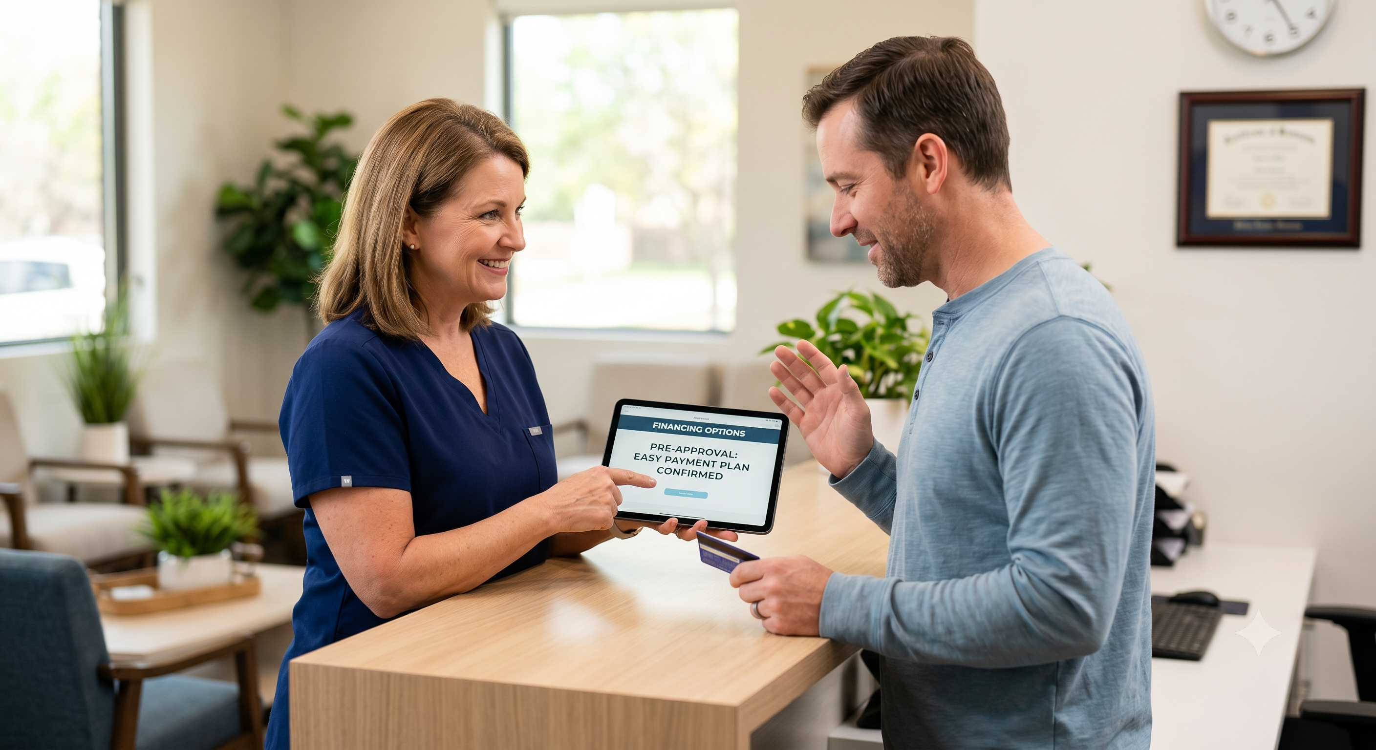 Patient being approved for easy payment financing at Harpole Dental